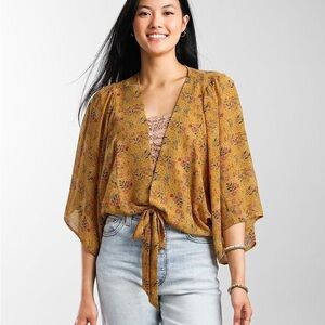 Daytrip Mustard Floral Tie-Front Kimono Top